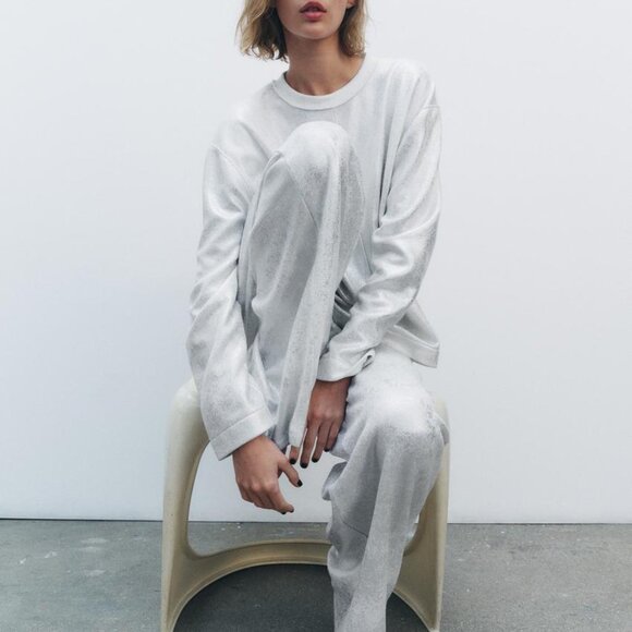 BNWT ZARA SOFT METALLIC SWEATSHIRT OVERSIZED ROUND NECK LONG SLEEVE SILVER SMALL - Picture 6 of 10